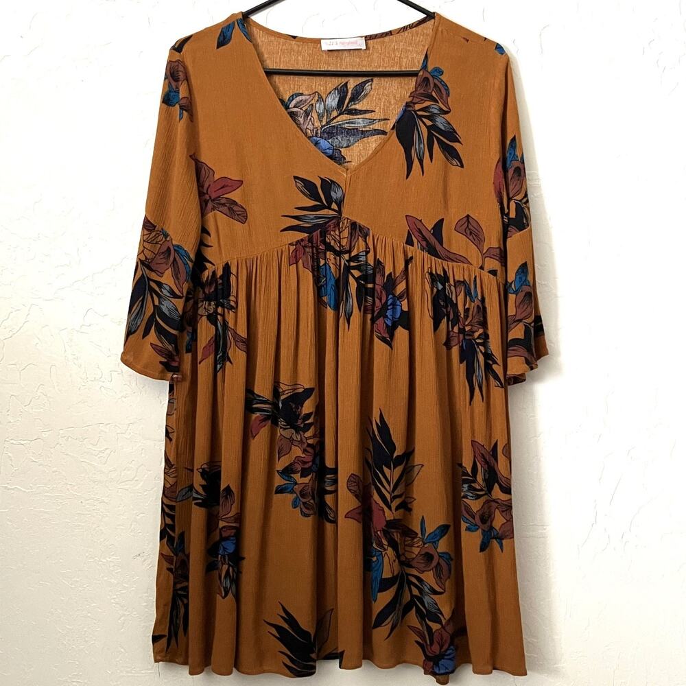 JJ’s Fairyland Floral Rust Brown Babydoll Tunic Top Dress M Flowy Boho Hippie